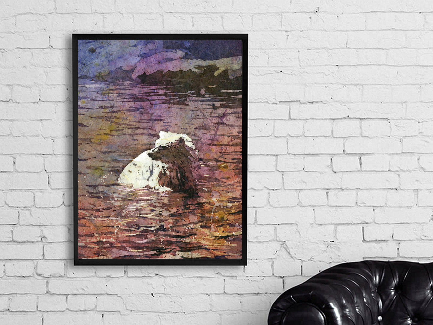 Polar bear in water- watercolor batik painting of polar bear.  Zoo animal polar bear colorful artwork home decor batik colorful art animal (print)