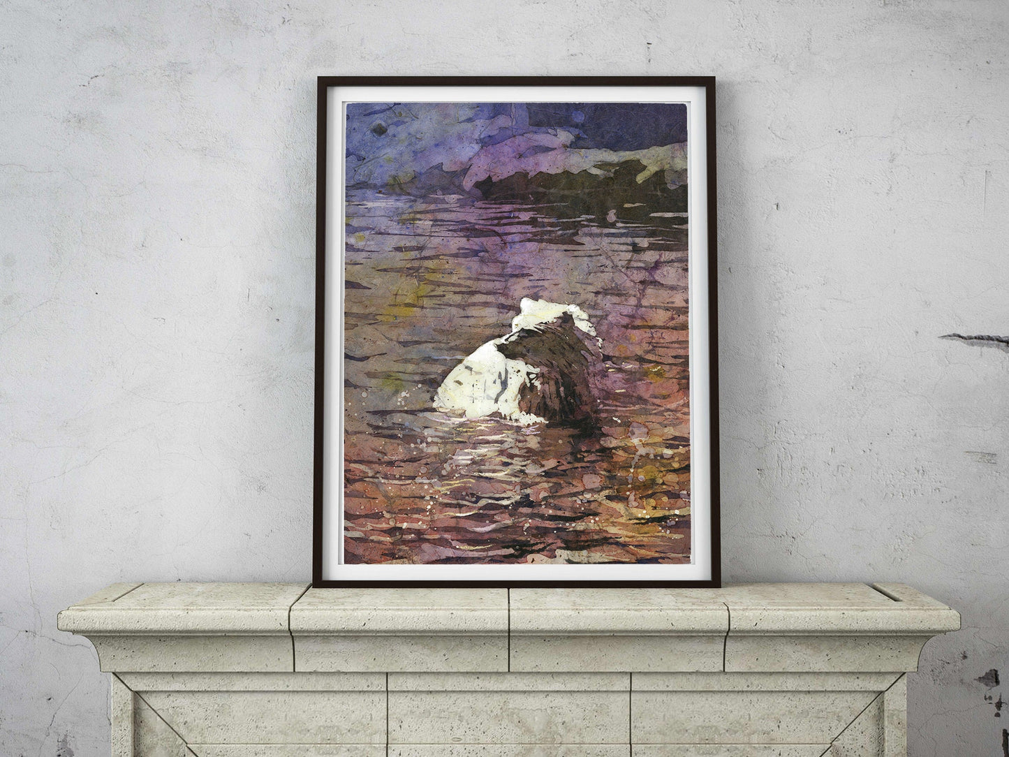Polar bear in water- watercolor batik painting of polar bear.  Colorful artwork home decor batik colorful art animal (original)