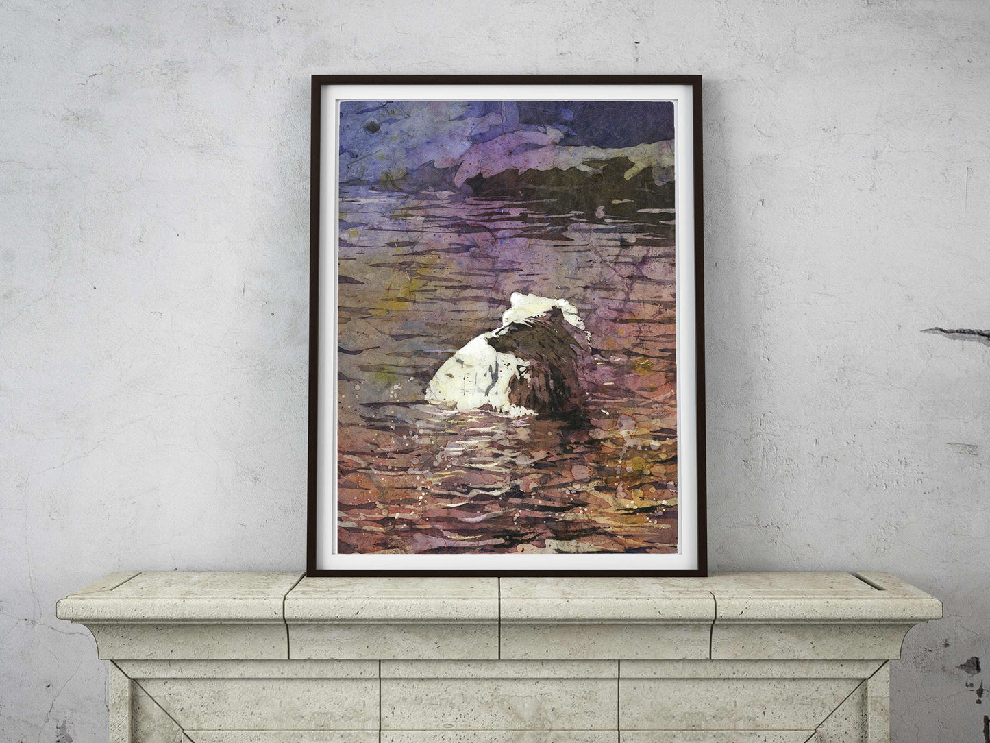 Polar bear in water- watercolor batik painting of polar bear.  Zoo animal polar bear colorful artwork home decor batik colorful art animal (print)