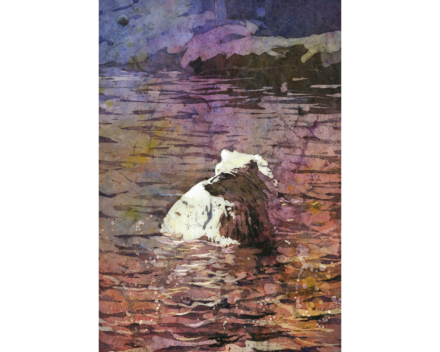 Polar bear in water- watercolor batik painting of polar bear.  Colorful artwork home decor batik colorful art animal (original)