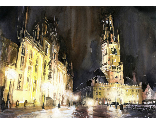 Brujas, Bélgica campanario medieval: obra de arte del horizonte de Brujas en acuarela. Pintura de acuarela de Brujas decoración de acuarela amarilla Arte de Brujas (impresión)