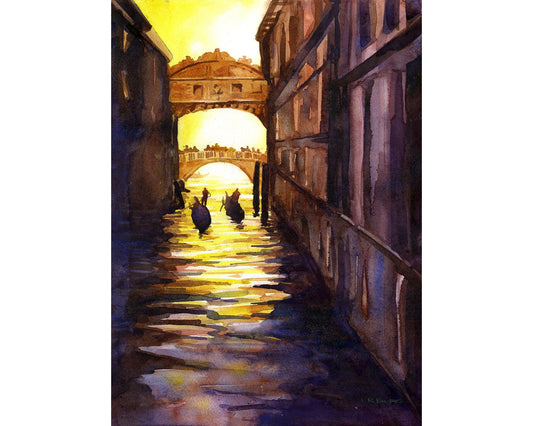 Bridge of Sighs in Venice, Italy art.  Original watercolor painting Bridge of Sighs Venice.  Watercolor of gondola artwork watercolor Italy