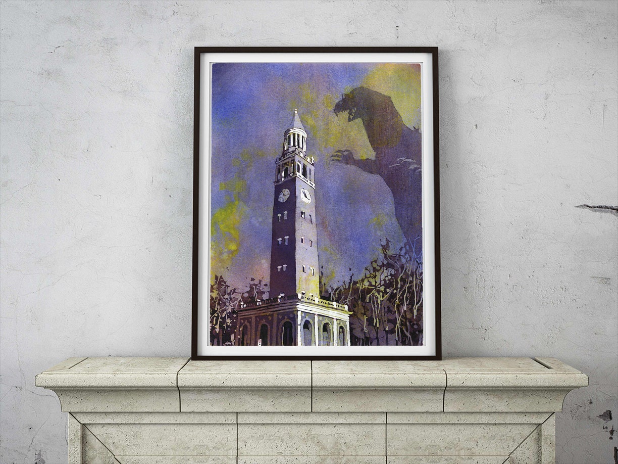 NC college belltower being attacked by monster at dusk- Chapel Hill.  UNC artwork home decor monster artwork Chapel Hill NC (print)