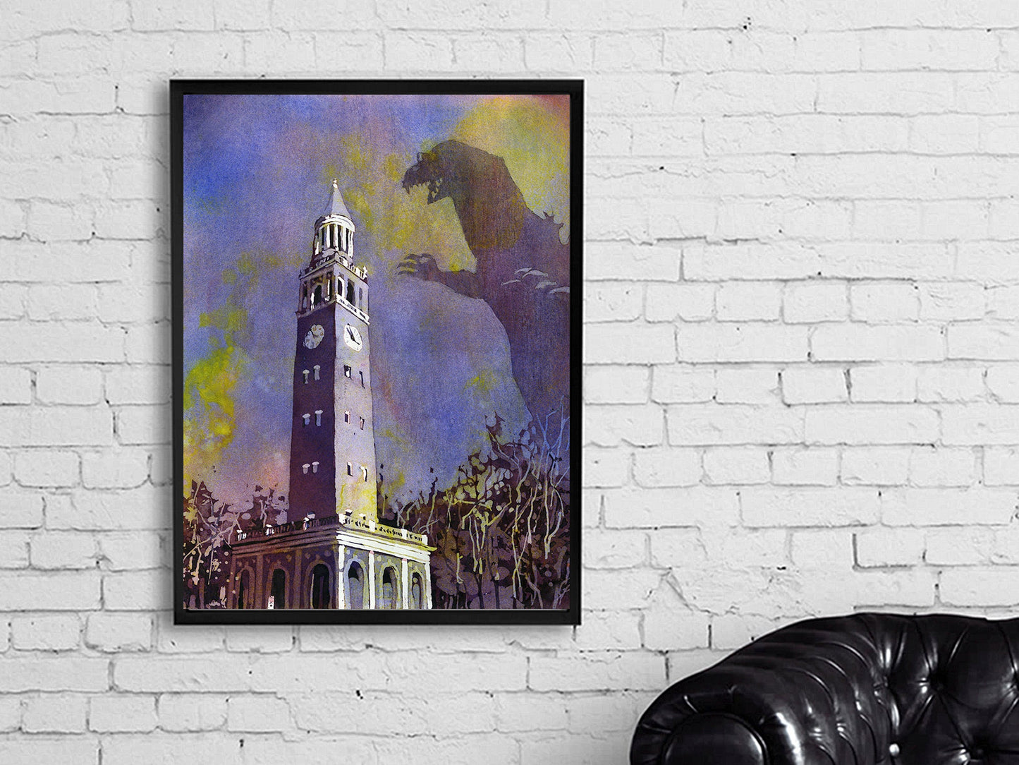 NC college belltower being attacked by monster at dusk- Chapel Hill.  UNC artwork home decor monster artwork Chapel Hill NC (print)
