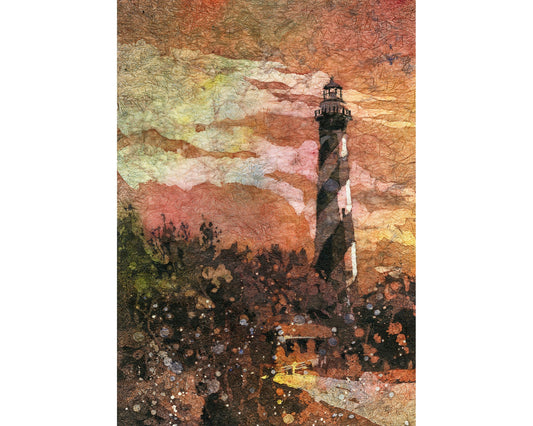 Cape Hatteras lighthouse watercolor batik painting.  Outer Banks North Carolina lighthouse artwork batik art lighthouse home decor beach art (print)