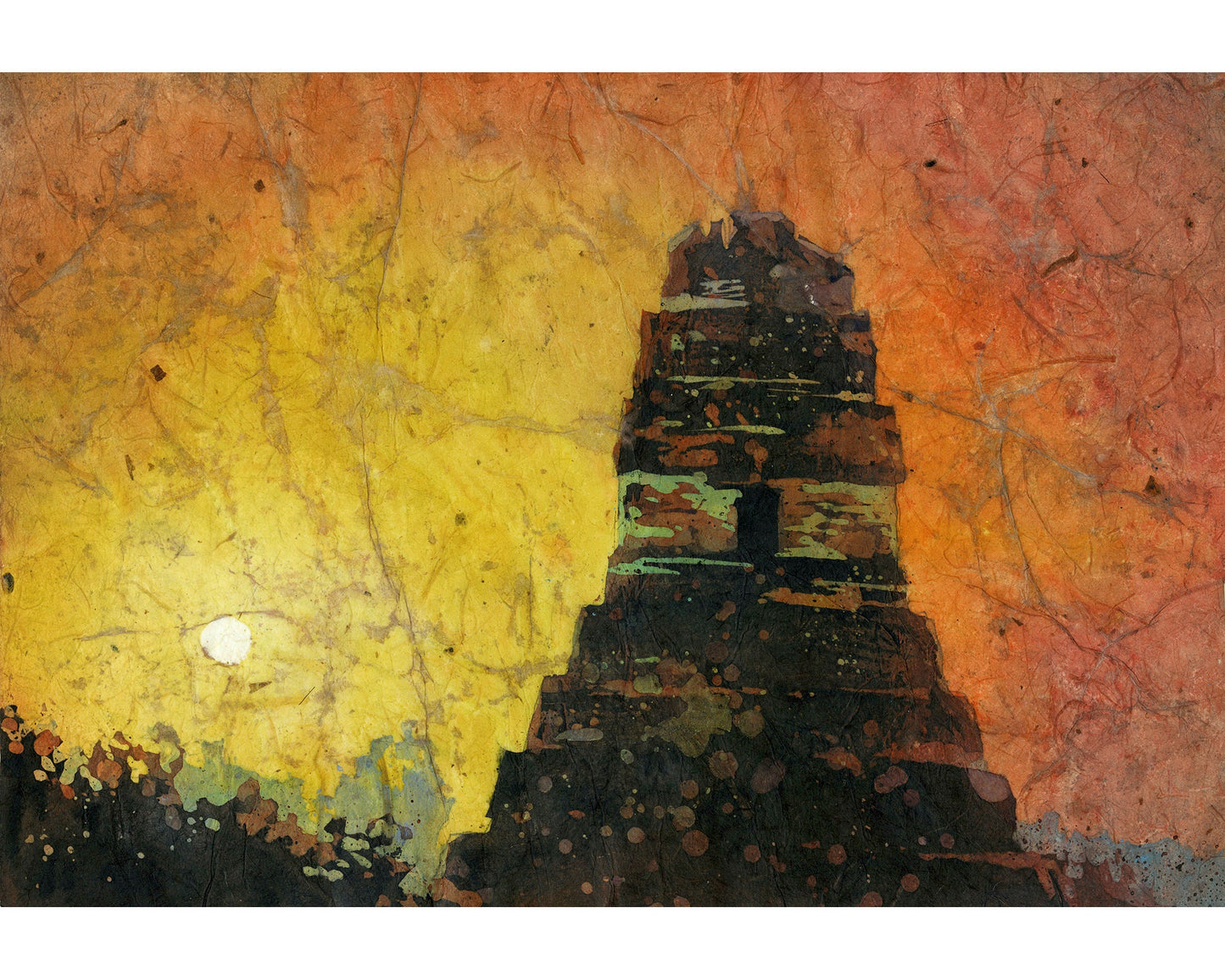 Mayan temple in the archaeological park of Tikal in Guatemala.  Sunrise Tikal fine art painting watercolor batik sunset Guatemala Tikal (print)