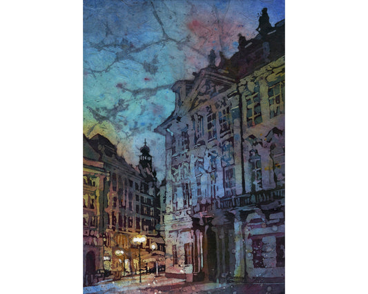 Prague street scene at twilight- watercolor batik painting of city of Prague, Czech Republic. Prague skyline watercolor batik blue sunset (print)