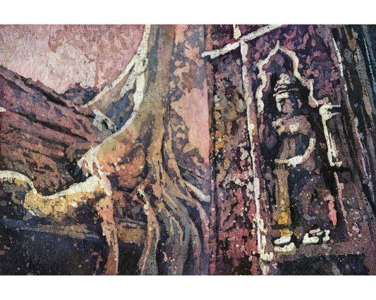 Expressive fine art watercolor showing the dramatic scene of nature overtaking architecture at Ta Prohm Temple, Angkor Wat—great for world travelers and home design.