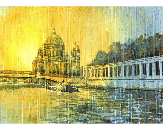 Berlin Cathedral- Germany.  Fine art watercolor painting of Protestant Berlin Cathedral on Museum Island in the Mitte district Germany (print)