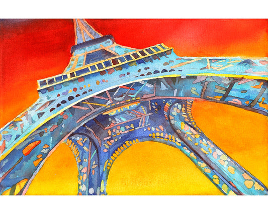 Fine art watercolor painting of portion of the Eiffel Tower at sunset- Paris, France