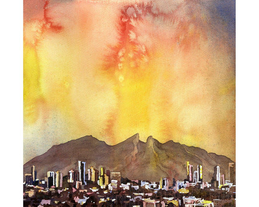 Skyline painting of Monterrey, Mexico. Fine art watercolor painting of Monterrey, Mexico at sunset art watercolor print Mexico home decor