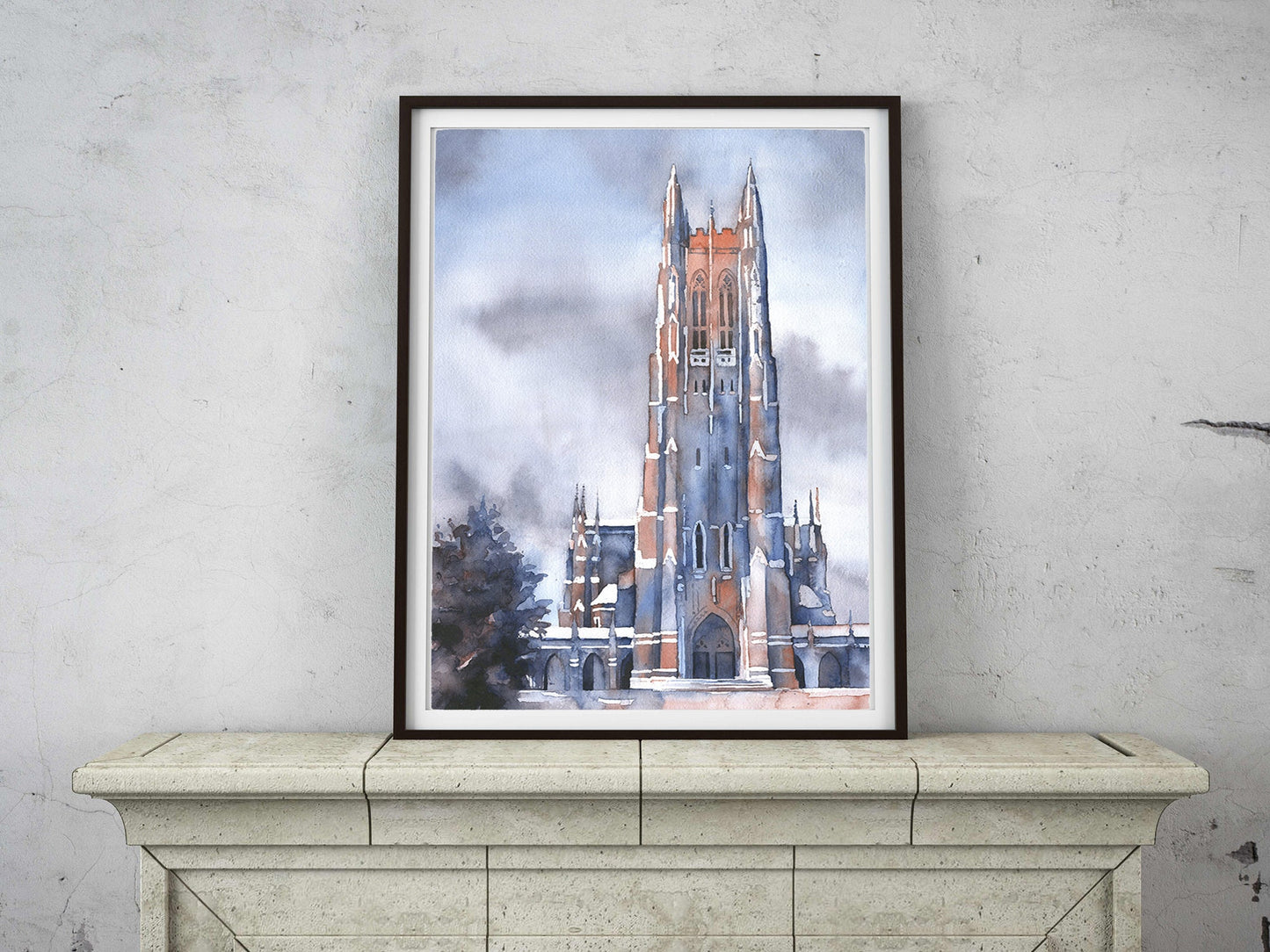 Duke Chapel on the Duke University campus- Durham, North Carolina (USA).  Fine art watercolor Duke Chapel Blue Devils artwork (print)