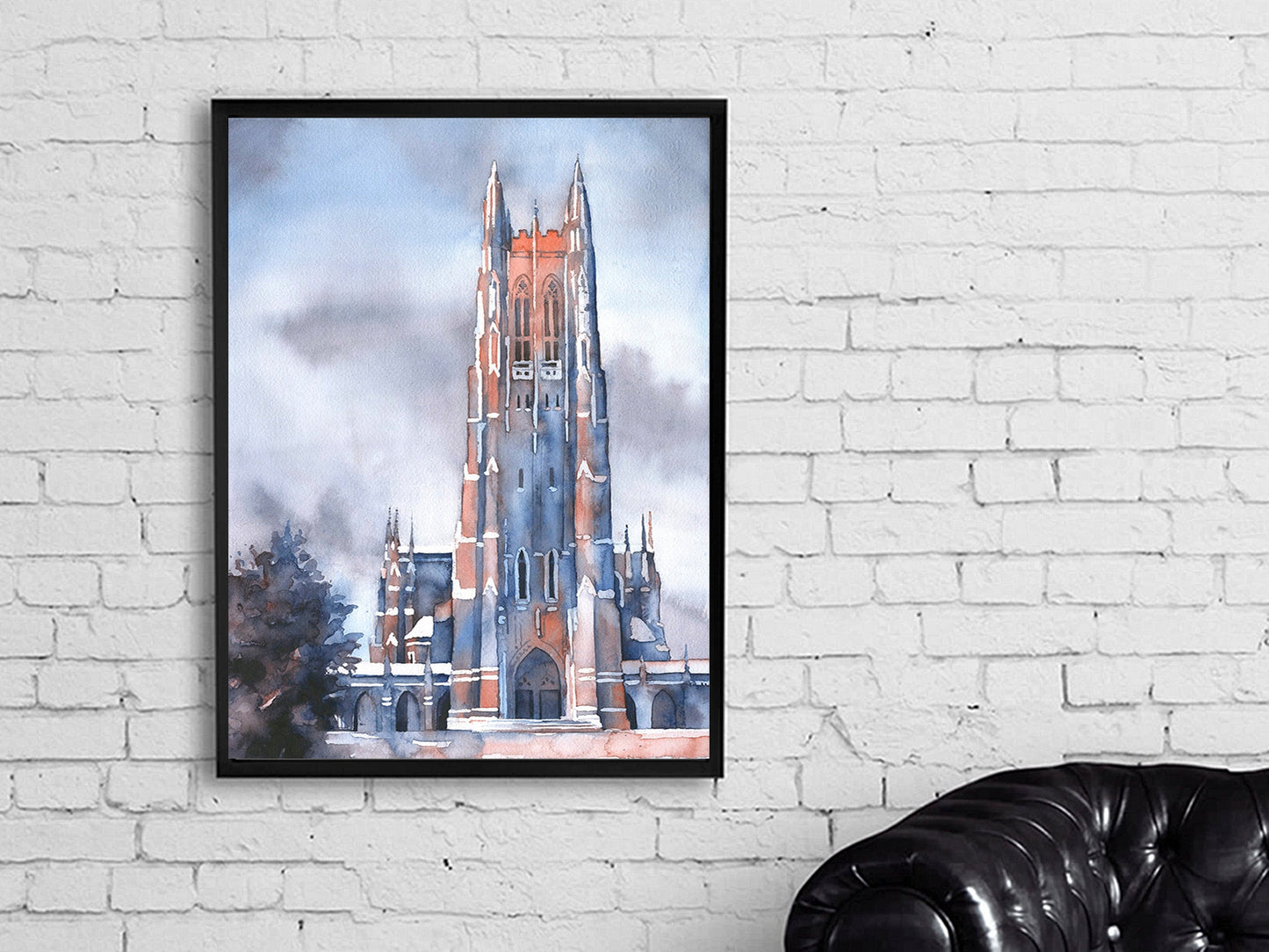 Duke Chapel on the Duke University campus- Durham, North Carolina (USA).  Fine art watercolor Duke Chapel Blue Devils artwork (print)