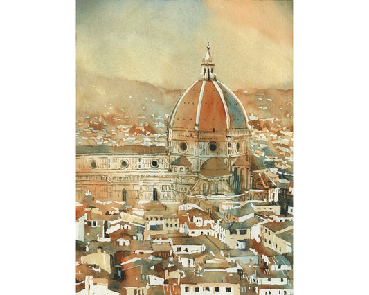 Duomo and cityscape of Florence from the Palazzo di Michelangelo- Florence, Italy. Watercolor painting of Duomo Firenze Italy skyline art (print)