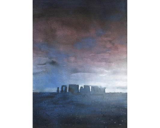 Stonehenge monolithic ruins in the UK countryside at sunset.  Stonehenge artwork fine art painting.  Fine art watercolor Stoneheng ruins UK