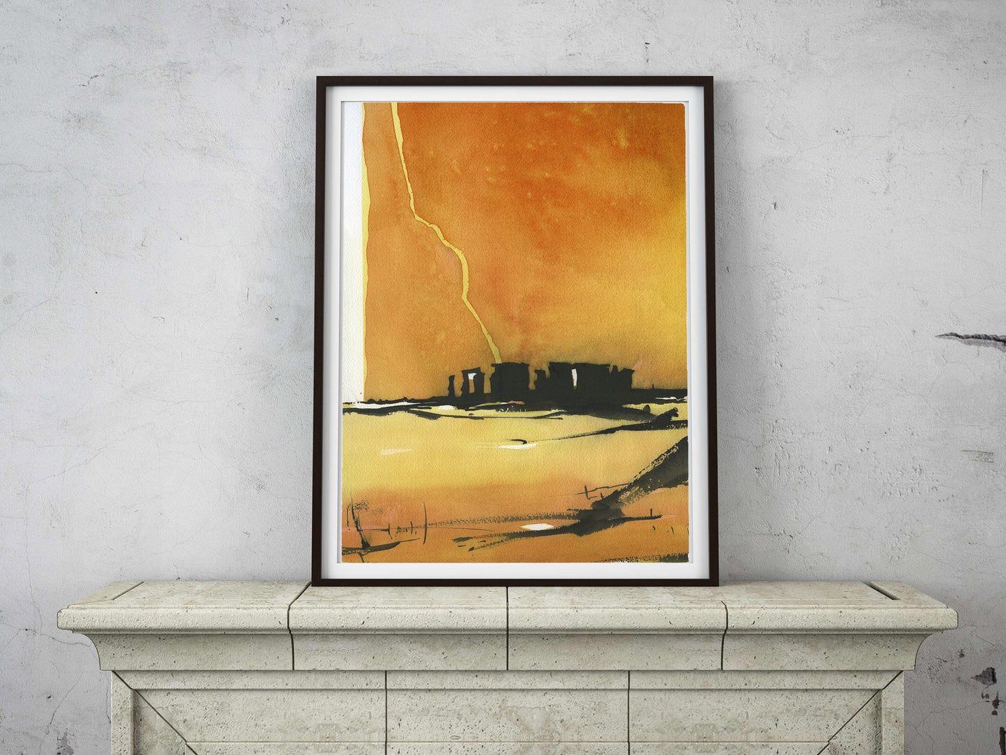 Stonehenge ruins silhouetted at sunset in the English countryside.  Stonehenge ruins artwork United Kingdom watercolor landscape orange art