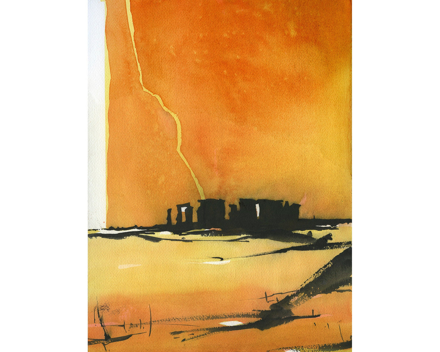 Stonehenge ruins silhouetted at sunset in the English countryside.  Stonehenge ruins artwork United Kingdom watercolor landscape orange art