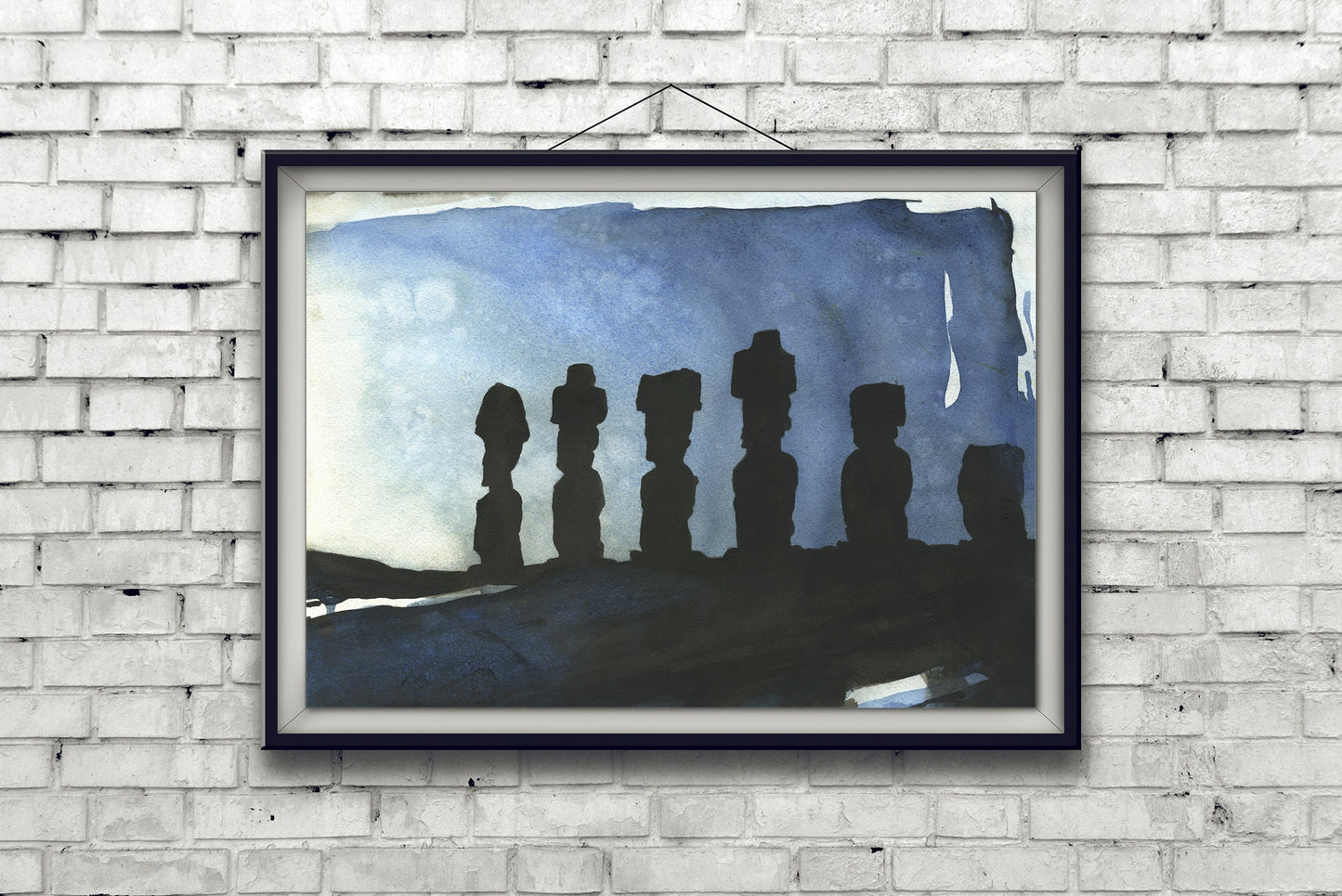 Ruins of Moai statues on Easter Island- Chile.  Watercolor painting Moai statues Easter Island art.  Moai original watercolor painting