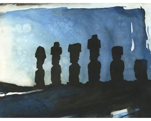 Ruins of Moai statues on Easter Island- Chile.  Watercolor painting Moai statues Easter Island art.  Moai original watercolor painting