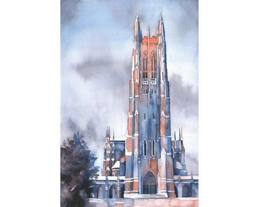 Duke Chapel on the Duke University campus- Durham, North Carolina (USA).  Fine art watercolor Duke Chapel Blue Devils artwork (print)