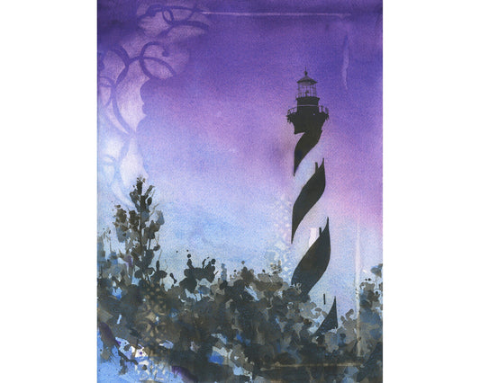 Cape Hatteras lighthouse- Outer Banks, North Carolina at sunset.  Lighthouse decor Cape Hatteras North Carolina lighthouse watercolor (print)