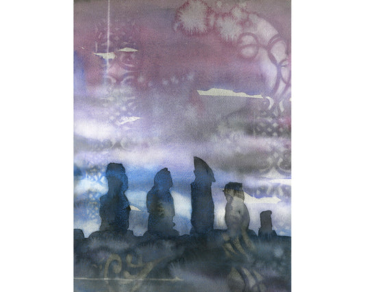 Watercolor print of Easter Island’s famous sunrise over Ahu Tongariki, with Moai statues casting long shadows—perfect for minimalist yet bold art collectors.