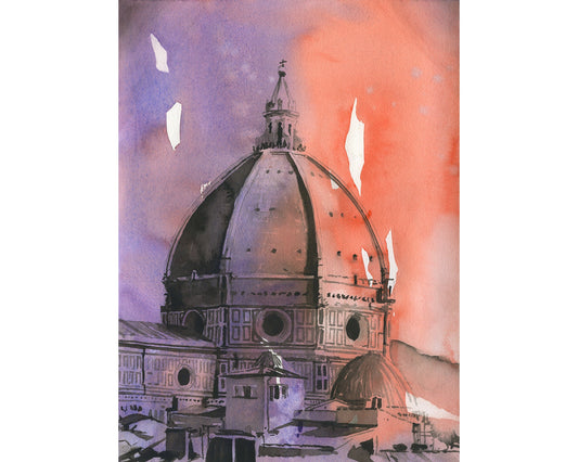 Brunelleschi's dome on the Florence Duomo- Italy.  Watercolor painting Florence Duomo.  Italy watercolor painting Florence Duomo artwork (print)