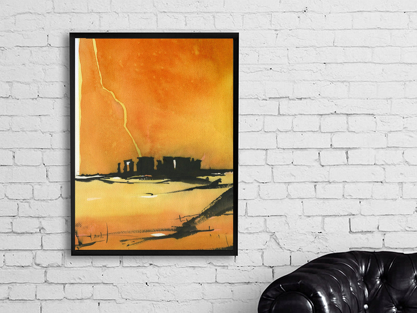 Stonehenge ruins silhouetted at sunset in the English countryside.  Stonehenge ruins artwork United Kingdom watercolor landscape orange art