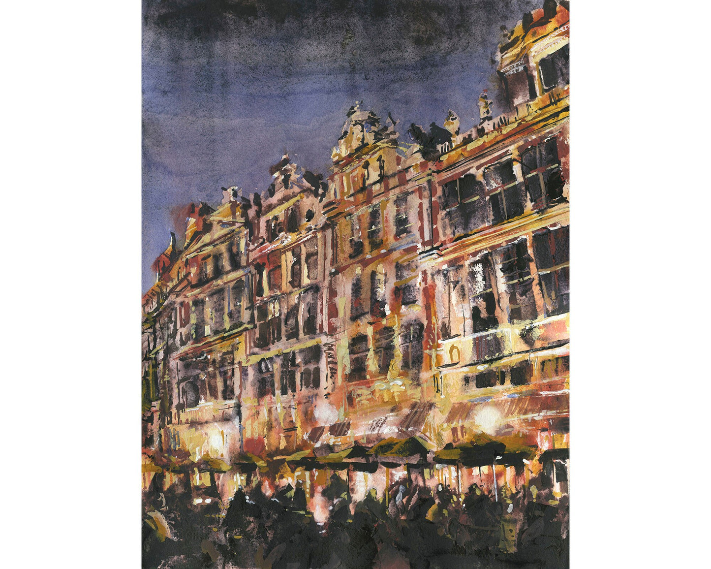 Brussels Grand Place market square art.  Painting of gilded hall on Market Square in downtown Brussels, Belgium.  Watercolor Brussels art (print)