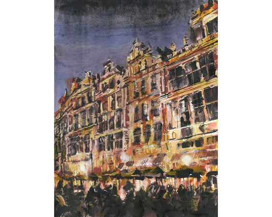 Brussels Grand Place market square art.  Painting of gilded hall on Market Square in downtown Brussels, Belgium.  Watercolor Brussels art (print)