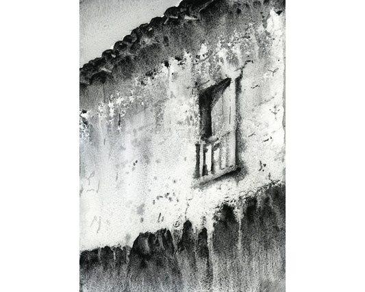 Watercolor painting of architecture in Sacred Valley, Peru.  Houses of Peru architecture artwork black and white art Peruvian dooway