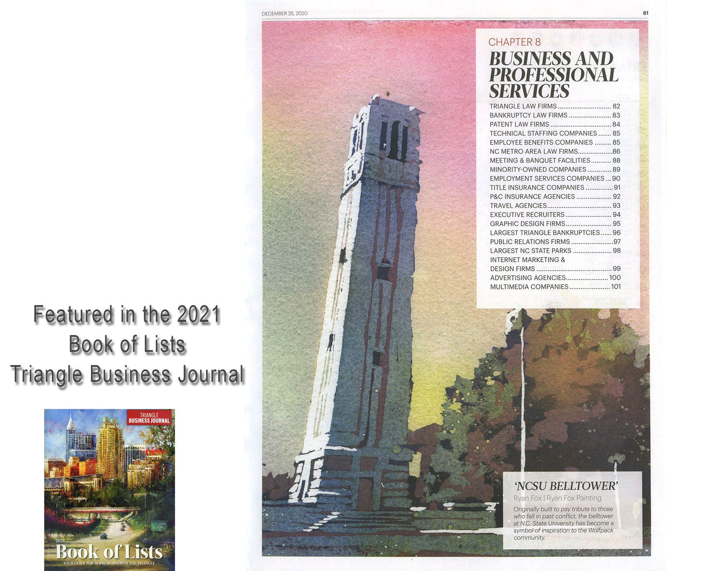 North Carolina State University Bell-Tower in Raleigh, NC at dusk. NCSU artwork bell tower watercolor home decor Wolf Pack (original art)