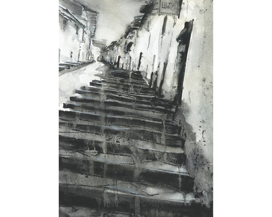 Pintura de acuarela de bellas artes de Cusco- Perú. Escena callejera en la ciudad inca de Cusco, Perú pintura de acuarela de bellas artes Obra de arte en blanco y negro Calle Cusco (impresión)