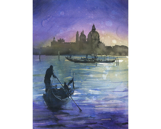 Moonlit watercolor painting of a gondolier near the Church of Santa Maria della Salute in Venice, Italy.