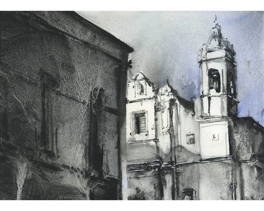 Spanish church in village in Colca Canyon, Peru.  Monochromatic artwork church painting watercolor artwork Peru.  B&W watercolor painting