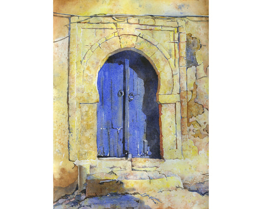 Puerta azul en casa en Sidi Bou Said, Túnez. Puerta tunecina bellas artes acuarela pintura azul ornamentada puerta arte africano (impresión)