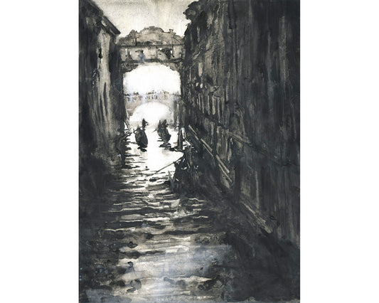 Venice, Italy black white watercolor painting. Bridge of Sighs painting in Venice, Italy gondola boats monochromatic art B&W Venice painting (print)