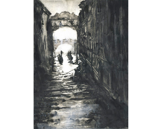 Venice, Italy black white watercolor painting. Bridge of Sighs painting- Venice, Italy boats monochromatic art B&W Venice original painting