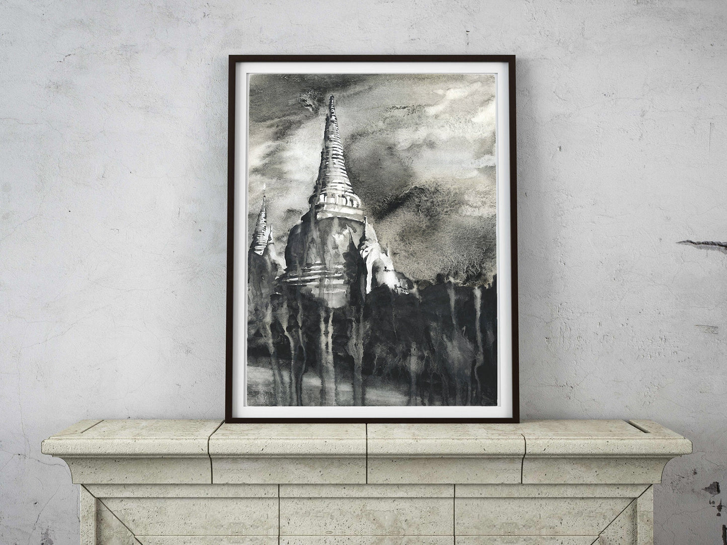 Wat Phra Si Sanphet ruins at Ayutthaya, Thailand.  Ruins of temple at Ayutthaya black white watercolor artwork Thailand.  Original painting