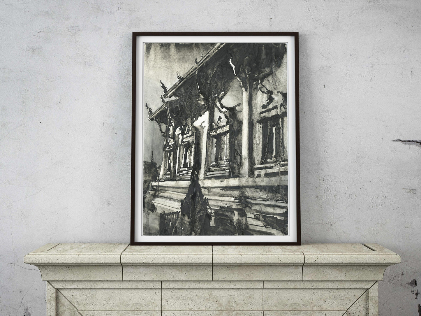 Buddhist temple of Wat Pra Singh in the city of Chiang Mai, Thailand.  Buddhist wat Thailand monochromatic artwork Buddhism watercolor (print)