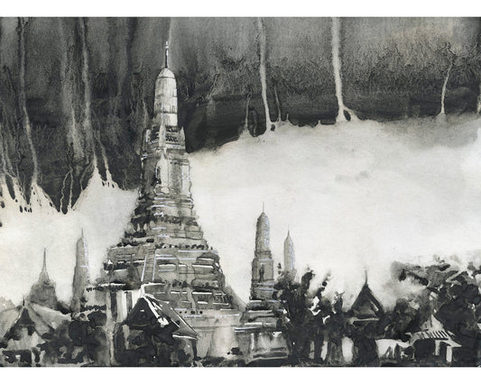 Wat Arun temple in Bangkok, Thailand.  Monochromatic art Wat Arun Thailand temple artwork Bangkok city. B&W watercolor (original painting)