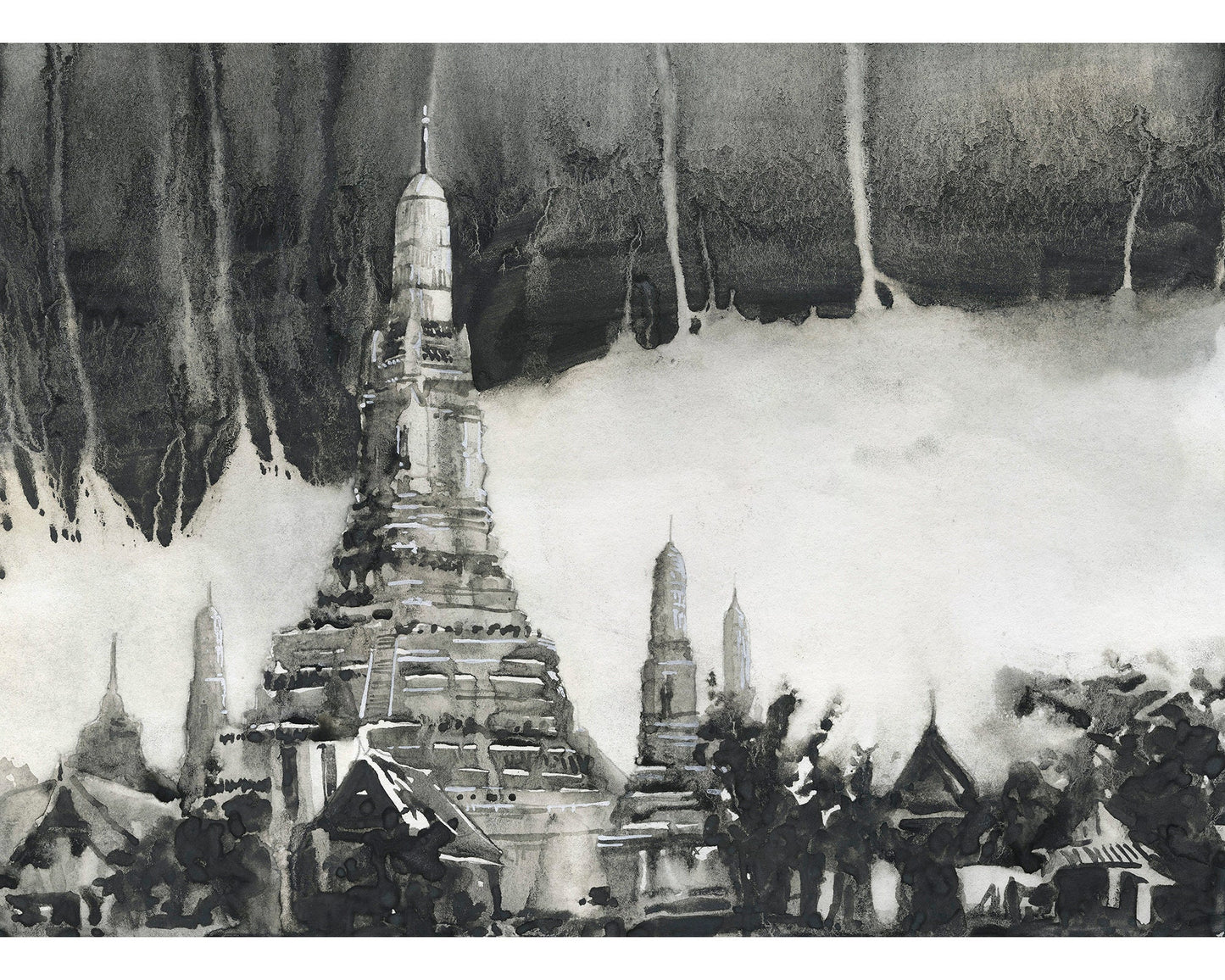 Wat Arun in Bangkok, Thailand watercolor painting.  B&W art of Wat Arun Thailand temple artwork Bangkok city