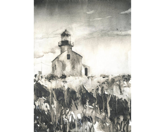 Antiguo faro de Point Loma en el Monumento Nacional Cabrillo - San Diego, CA. Faro de California Point Loma San Diego obra de arte B&W (impresión)