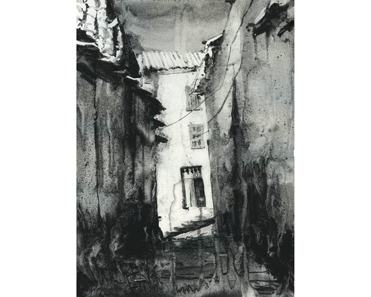 Puerta de entrada a la ciudad inca de Cusco, Perú. Pintura monocromática de acuarela en blanco y negro Hogar de Cusco- Perú. Pintura de acuarela Cusco (impresión)