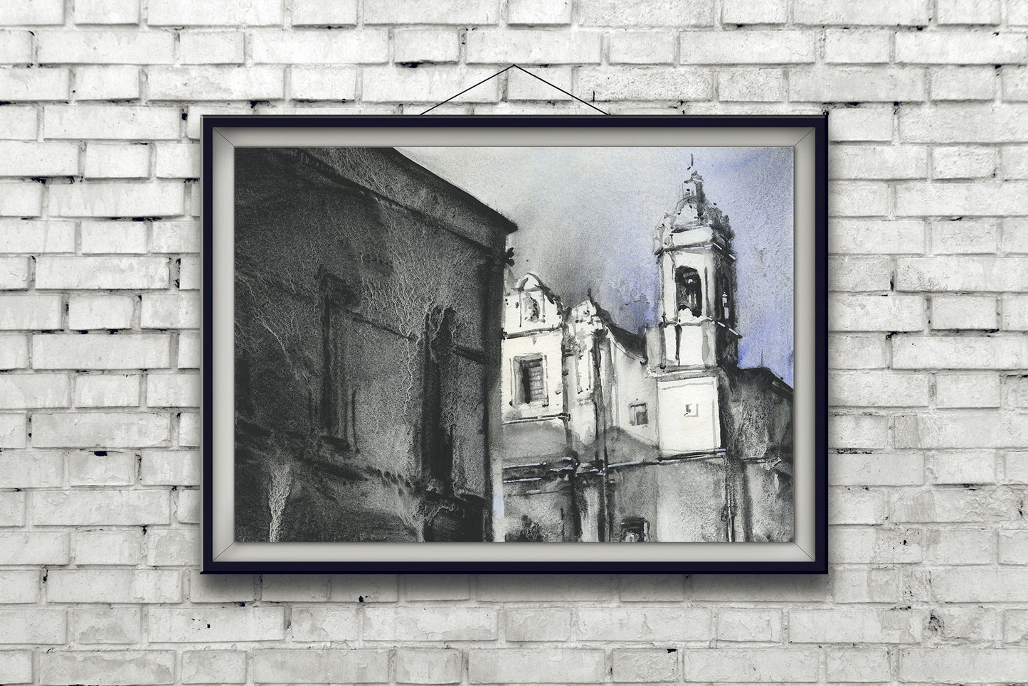 Spanish church in village in Colca Canyon, Peru.  Monochromatic artwork church painting watercolor artwork Peru.  B&W watercolor painting