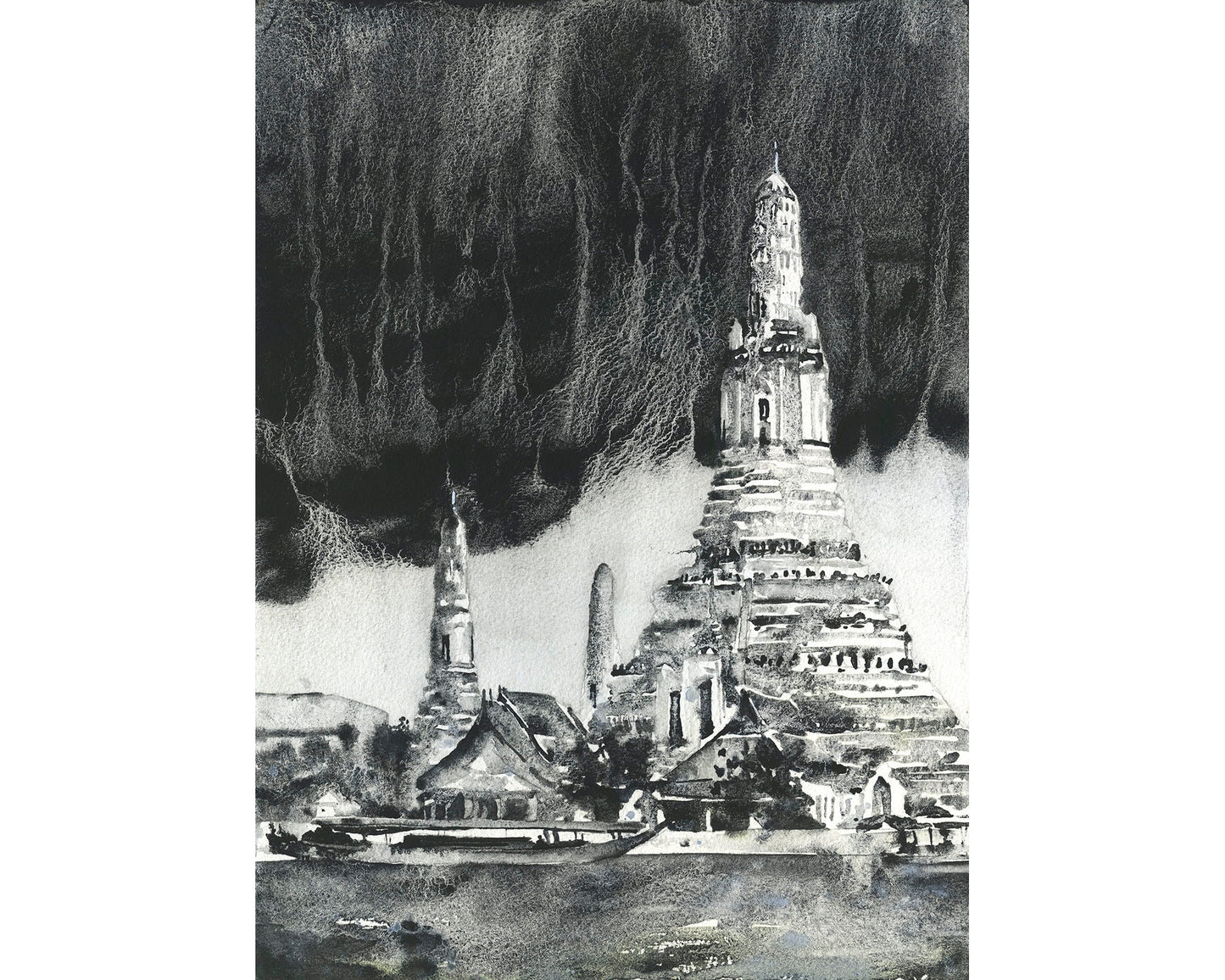 Wat Arun in Bangkok, Thailand watercolor painting.  B&W art of Wat Arun Thailand temple artwork Bangkok city