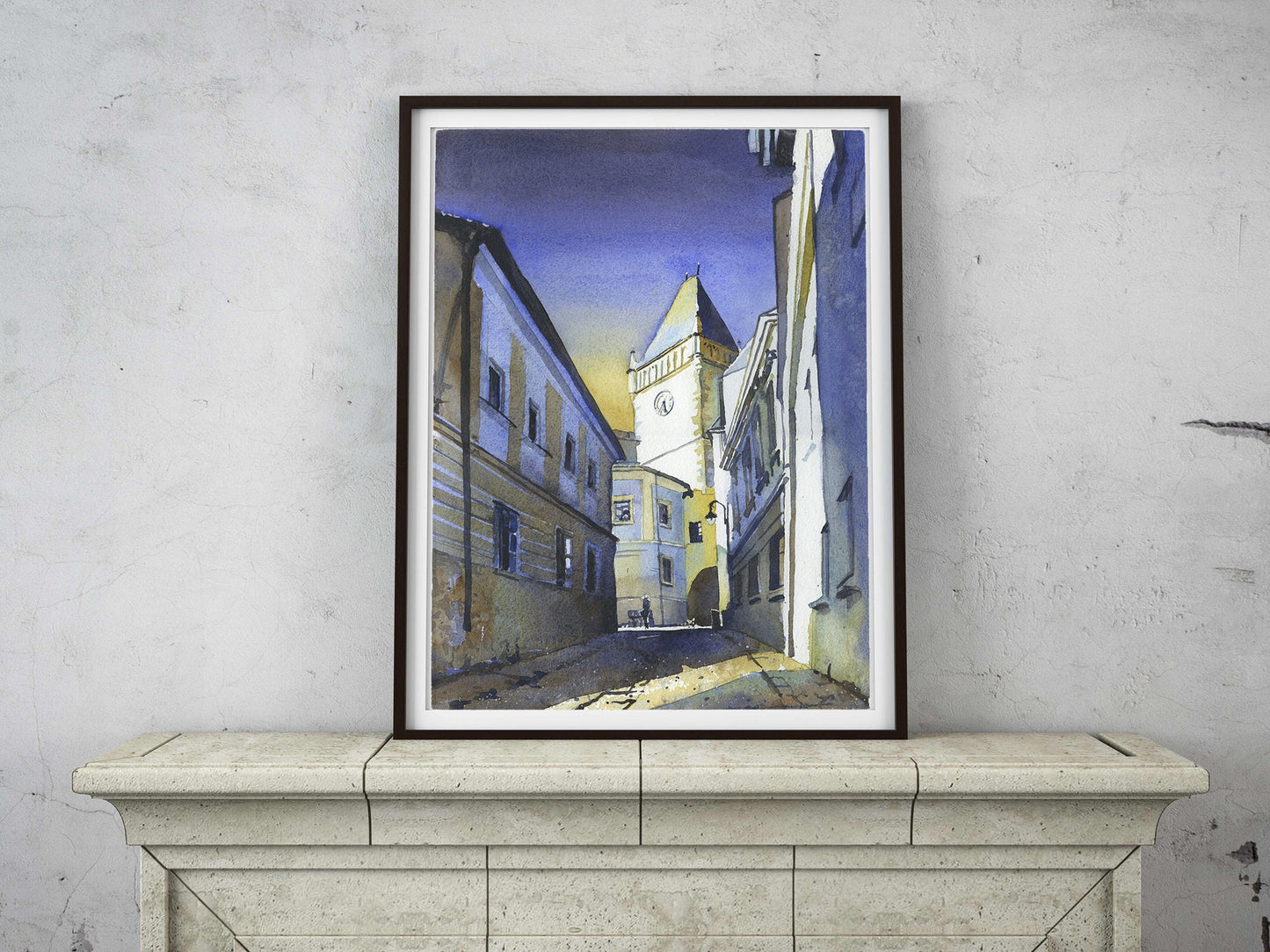 Tabor, Czech Republich belltower.  Watercolor painting of belltower in medieval village of Tabor skyline fine art watercolor painting print