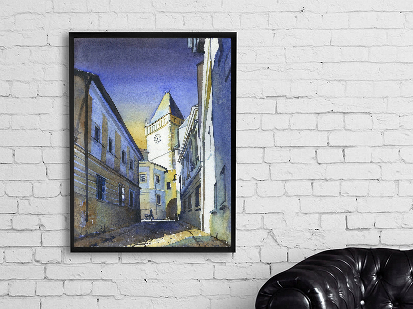 Tabor, Czech Republich belltower.  Watercolor painting of belltower in medieval village of Tabor skyline fine art watercolor painting print