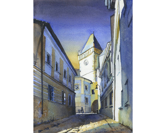 Tabor, Czech Republich belltower.  Watercolor painting of belltower in medieval village of Tabor skyline watercolor painting (original art)