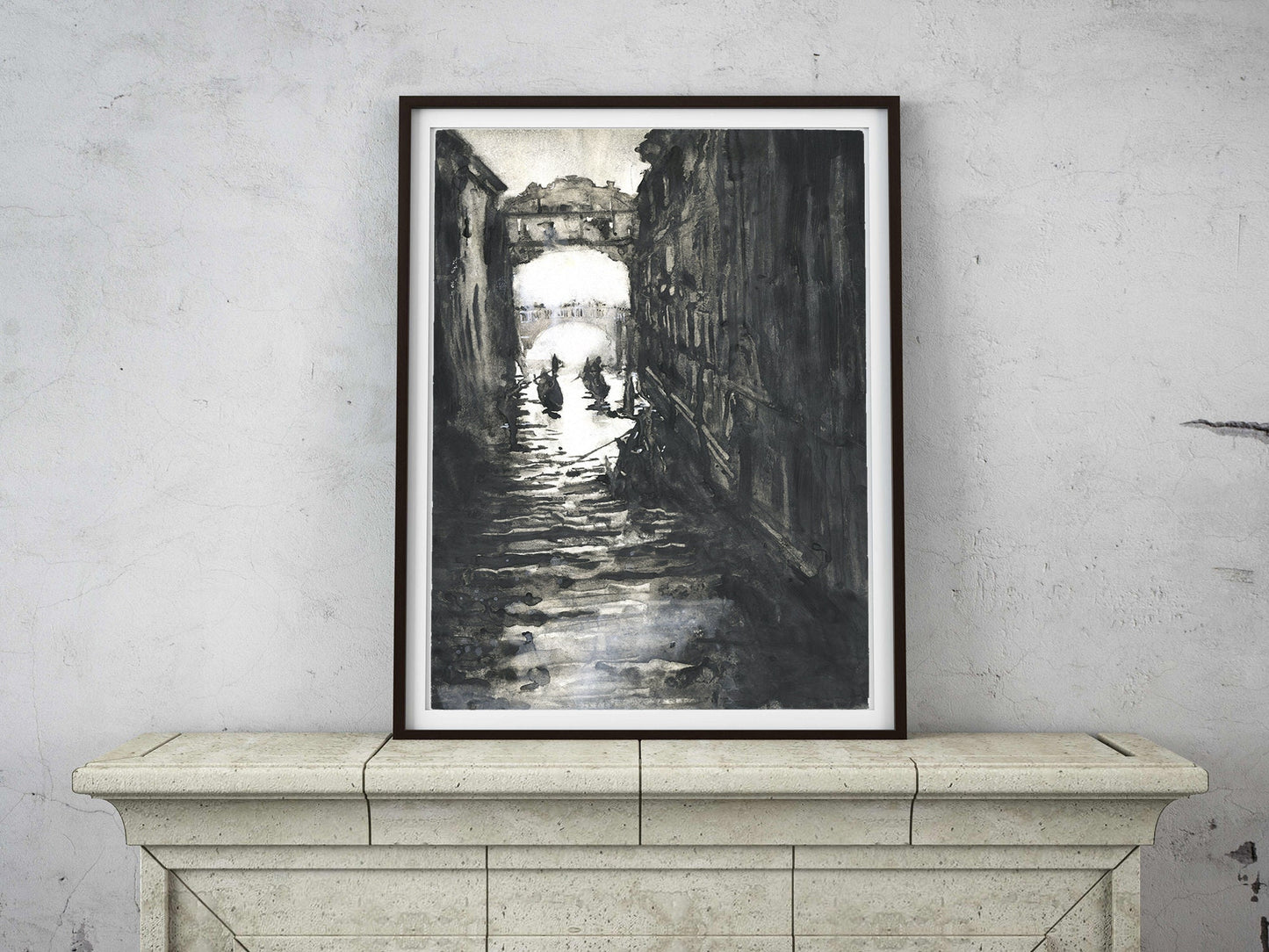 Venice, Italy black white watercolor painting. Bridge of Sighs painting in Venice, Italy gondola boats monochromatic art B&W Venice painting (print)